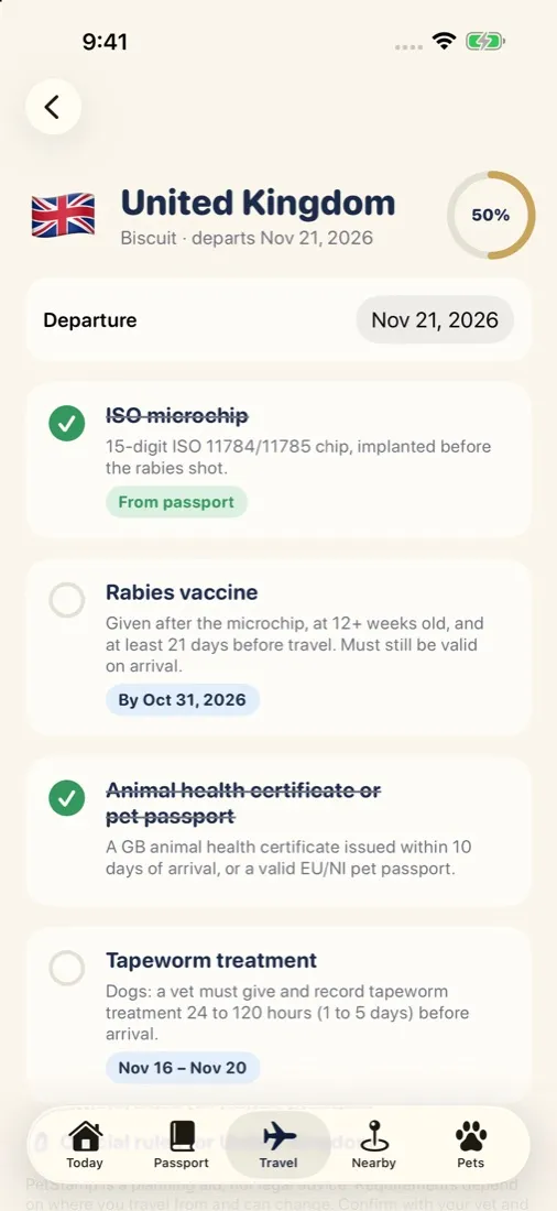 UK travel checklist with microchip, rabies, health certificate and tapeworm steps