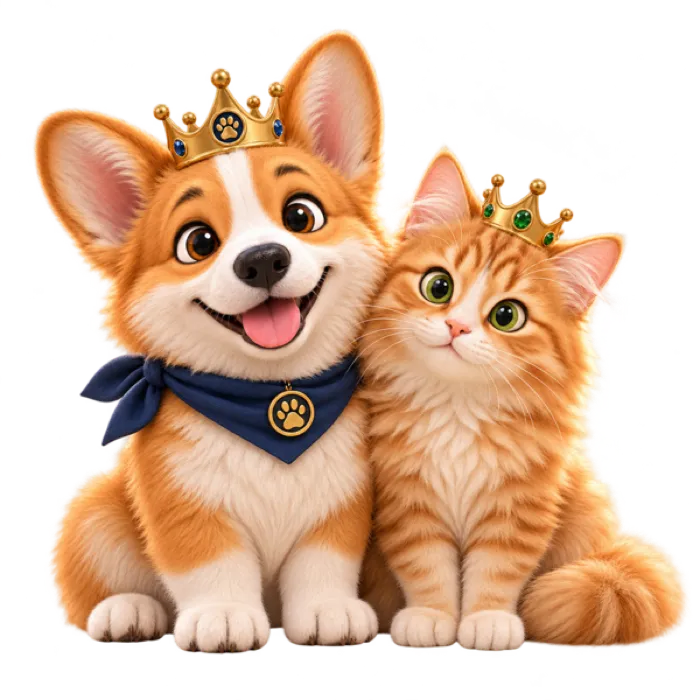 Corgi and cat wearing crowns